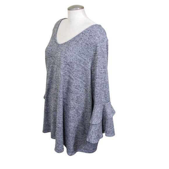 Womens Plus Size Sweater 3X Heathered Gray Double Bell Sleeves V Neck Plush Soft - Picture 3 of 8